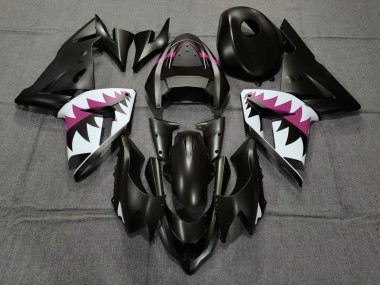 2004-2005 Matte Black and Pink Shark Kawasaki ZX10R Motorcycle Fairing