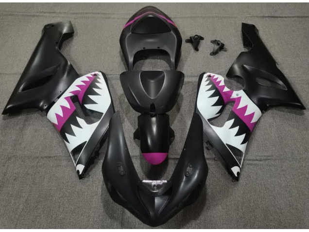 2005-2006 Matte Black and Pink Shark Kawasaki ZX6R Motorcycle Fairing 2005-2006 Matte Black and Pink Shark Kawasaki ZX6R Motorcycle Fairing