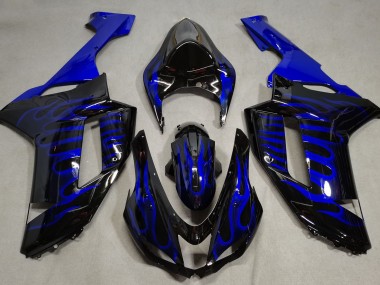 2007-2008 Gloss Black & Blue Flame Kawasaki ZX6R Motorcycle Fairing